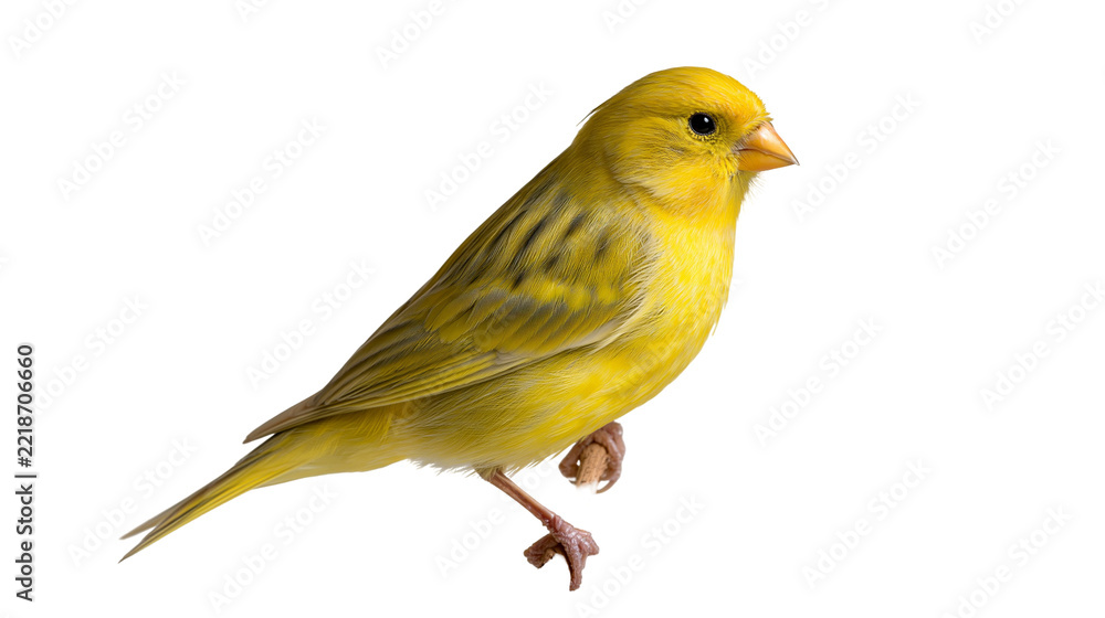 Obraz premium Bright yellow canary bird standing on one leg with detailed plumage