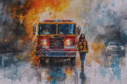 Watercolor painting of a female firefighter and a fire truck on a linen fabric texture; artistic grunge style retro background.