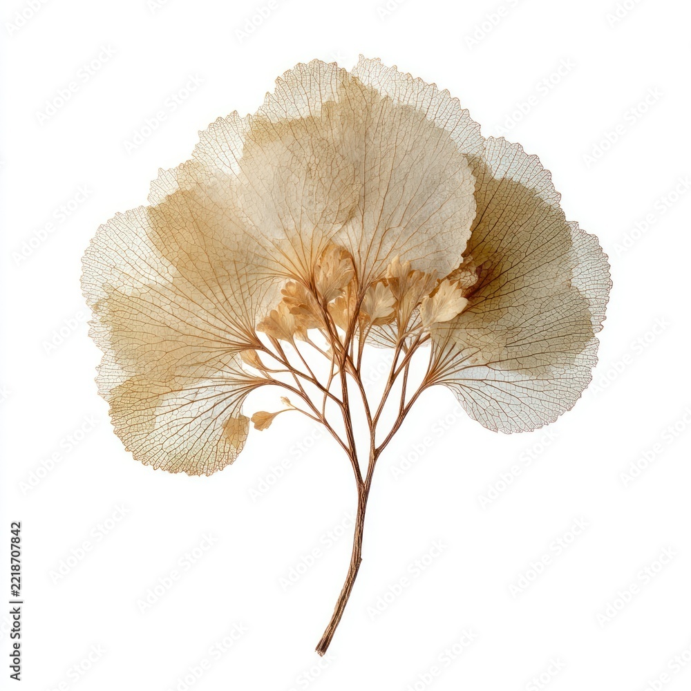 Fototapeta premium Delicate, translucent dried leaves arranged in a fan-like bouquet.