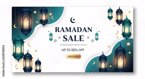 Ramadan Sale Banner with Hanging Lanterns and Crescent Moon