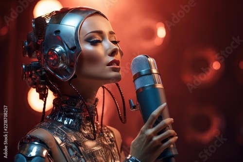 Futuristic female cyborg singer performing with a classic microphone. Embodying the intersection of technology and art. Artificial intelligence with human emotion. Set against a vibrant stage backdrop