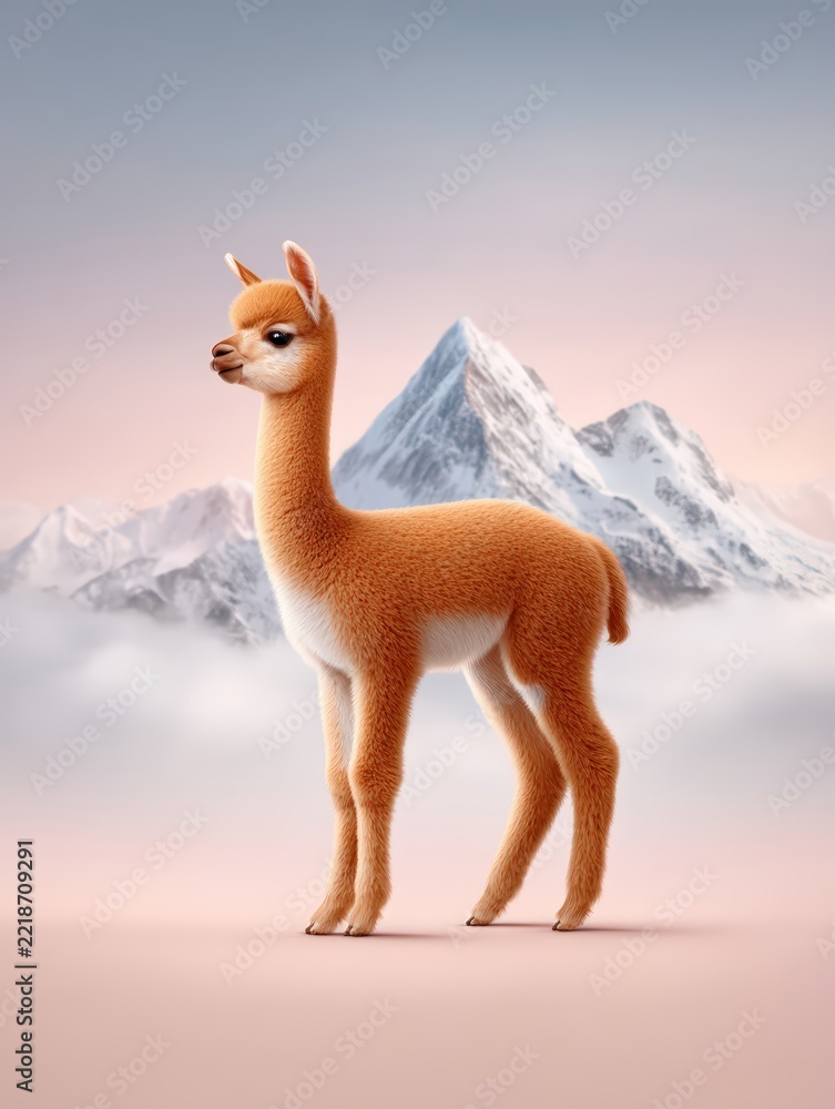 Fototapeta premium Cute baby alpaca standing in front of misty snow covered mountains