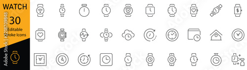 Watch and Timeline Icons Set – Wristwatch, Clock, Timer, Alarm and Time Management Symbols. Editable Stroks 