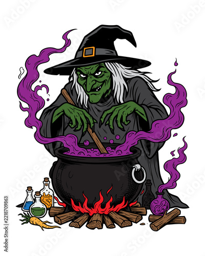 Fotografie Spooky old witch with green skin eating a bitten red apple, Halloween vector ill
