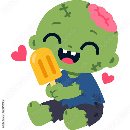 Cute Zombie Character Hallowen Party Eating Orange Popsicle