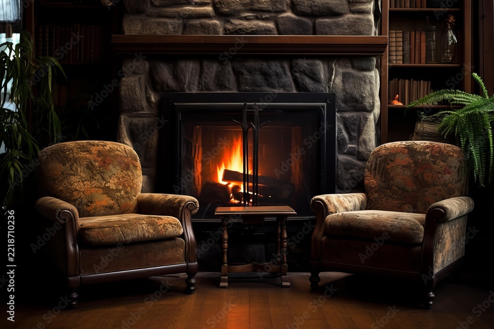 Naklejka premium Cozy and warm home interior featuring two inviting floral pattern armchairs facing a glowing fireplace, creating a relaxing and comfortable atmosphere in a classic library setting