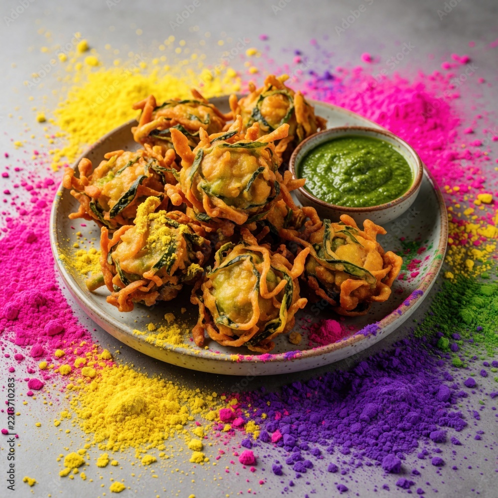 Fototapeta premium Crispy vegetable pakora fritters on plate with green chutney sauce. Colorful Holi powder splashes yellow pink purple around snacks. Indian street food served for festive celebration, Holi festival