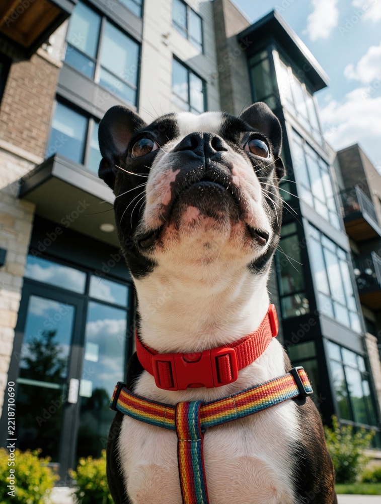 Naklejka premium Cute Boston Terrier dog looks up at camera wearing red collar, rainbow harness. Small black, white puppy sits outside modern apartment building in suburb. Adorable pet mammal enjoys sunny day near
