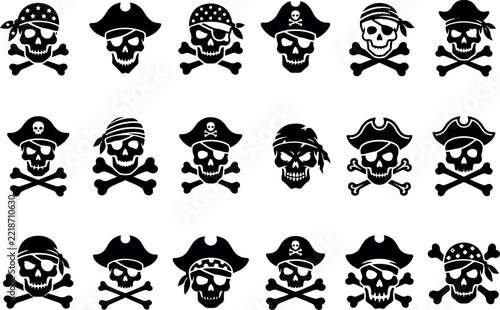 Halloween skull vector icon bundle collection on white background featuring various pirate themed designs for graphic projects
