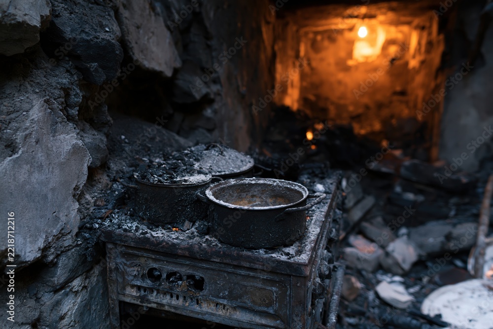 Fototapeta premium The Old Stove in Charred Kitchen Ruins Bathed in Ember Light and Ash