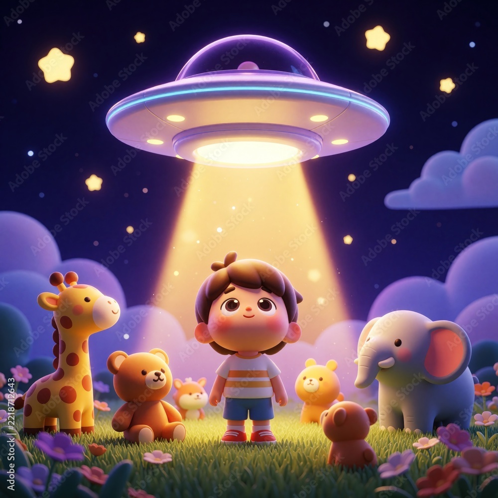 Fototapeta premium Cute boy, zoo animals look at bright UFO in starry night sky. Little child with giraffe, elephant, teddy bear, fox watch flying saucer beam light. Magical fantasy scene with cosmic adventure, space