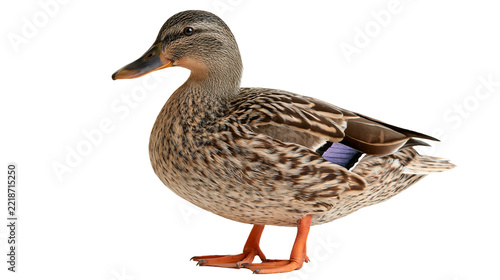 Female mallard duck with brown mottled feathers and orange webbed feet