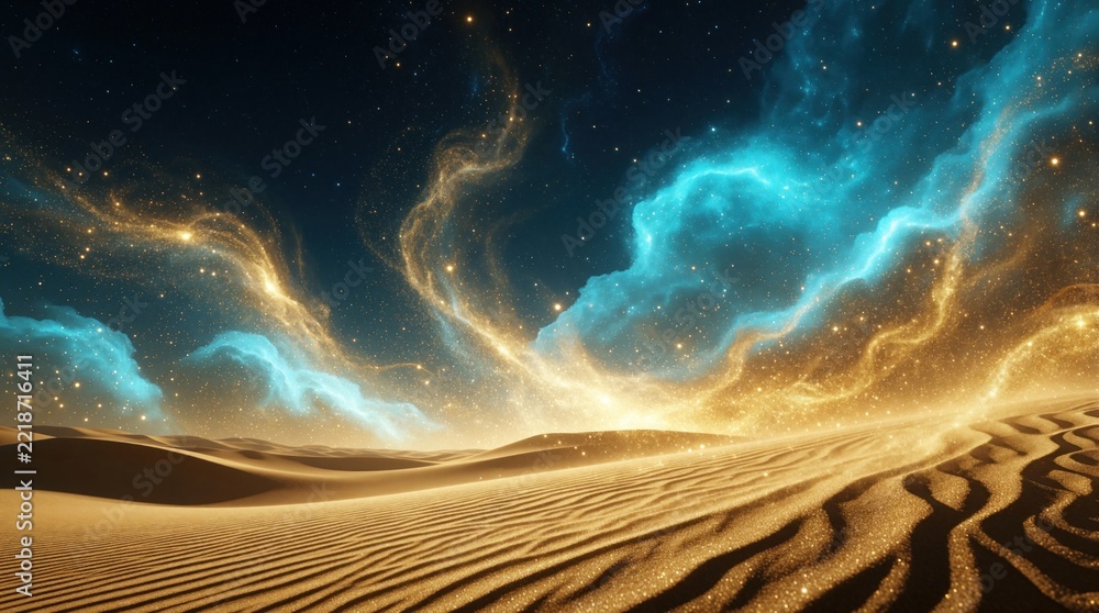 Fototapeta premium Surreal desert landscape with glowing golden dust swirling like nebula in night sky. Magical celestial storm of light, sand clouds over dunes. Dreamy fantasy scene with sparkling stars, bright blue