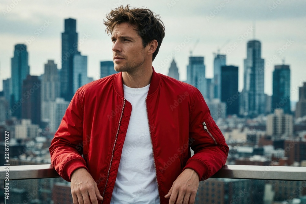 Fototapeta premium Young caucasian man wears red bomber jacket, white tee. Male model stands on rooftop terrace overlooking urban city skyline. Thoughtful guy looks away towards skyscrapers in metropolitan area.
