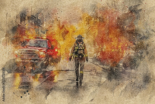 Watercolor painting of a female firefighter and a fire truck on a linen fabric texture; artistic grunge style retro background.