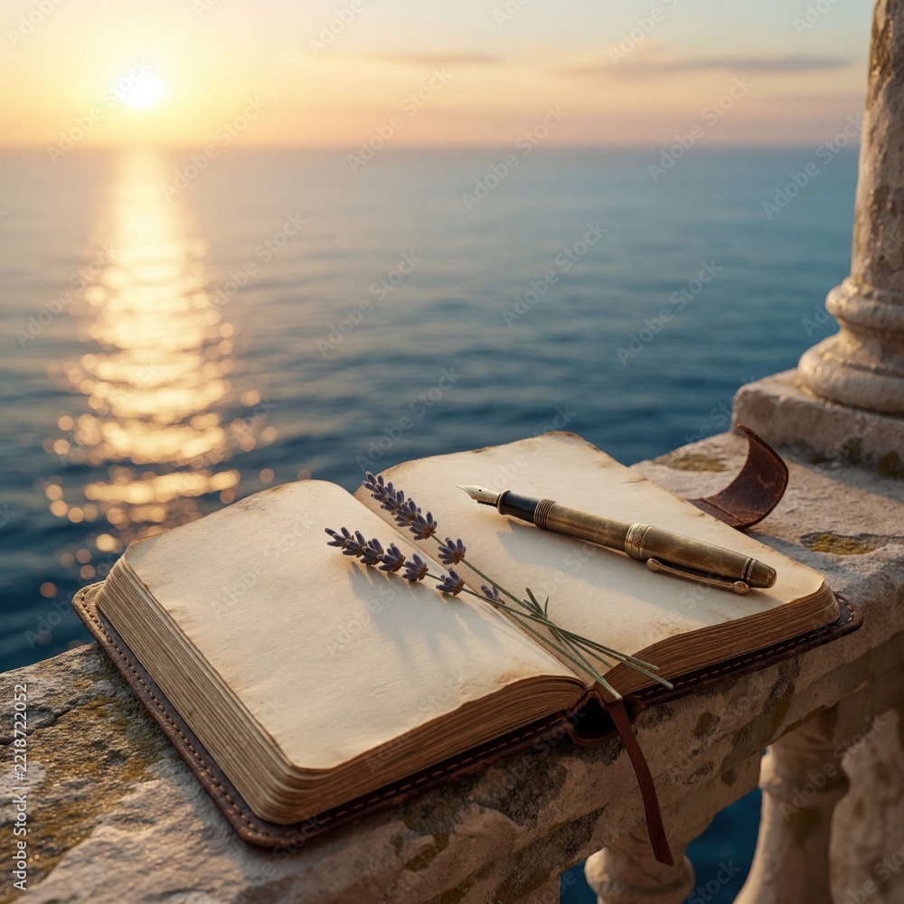 Fototapeta premium Open vintage notebook with fountain pen, lavender sprigs on stone balcony. Sunset over calm blue ocean creates golden hour glow. Blank paper pages ready for writing diary, poetry travel memories