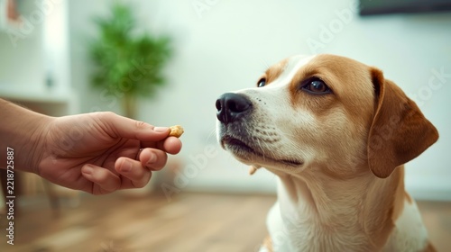 Hand offers small treat to attentive dog