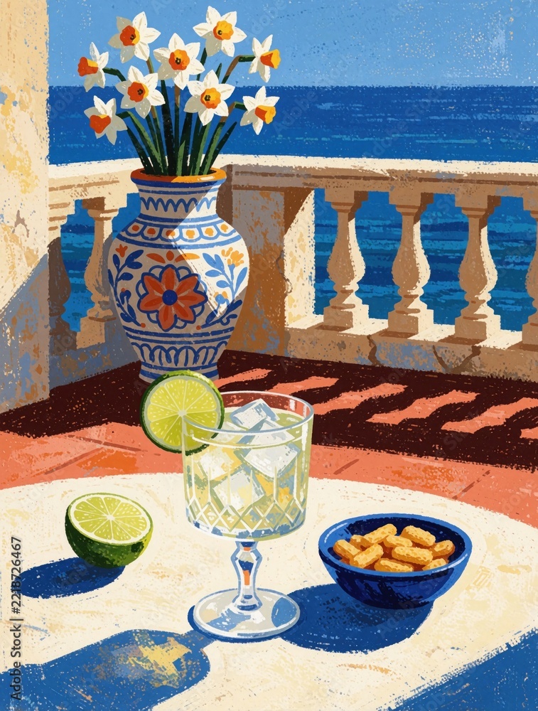 Fototapeta premium Refreshing gin cocktail with lime slices, ice in glass on sunny terrace. Blue patterned vase with white narcissus flowers sits near stone balustrade. Mediterranean sea view background with bright
