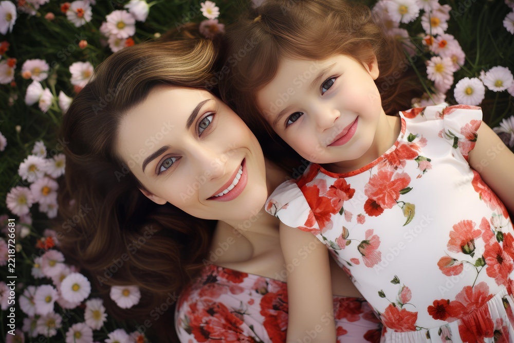 Naklejka premium Mother and daughter are relaxing on green grass surrounded by delicate pink and white cosmos flowers, sharing a loving embrace and enjoying a moment of happiness outdoors