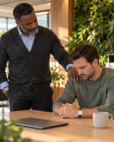 Manager placing supportive hand on stressed employee's shoulder — workplace empathy, mental health support