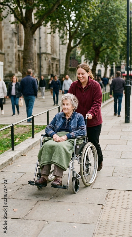 Obraz premium Caring companion pushing elderly woman in wheelchair down city sidewalk during daytime stroll