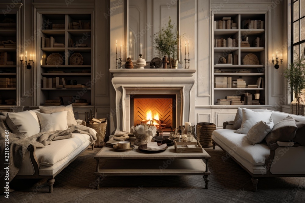 Fototapeta premium Luxurious living room interior with a warm fireplace creating a cozy ambiance, elegant sofas flanking a stylish coffee table, and classical bookshelves offering a sophisticated home library retreat