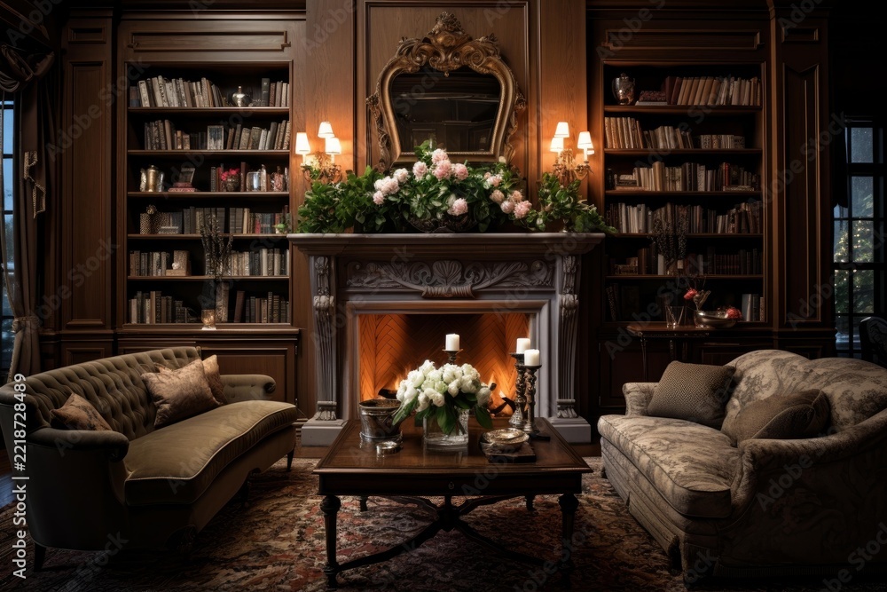 Naklejka premium Ornate library living room with a grand lit fireplace, dark wood built in bookshelves, two classic sofas, coffee table with flowers and candles, warm luxurious comfort