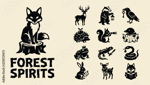 Mystical forest spirits animal silhouette icon set