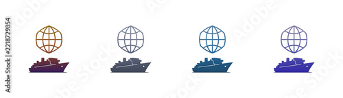 Cruise ship and globe icons set for global travel and maritime logistics
