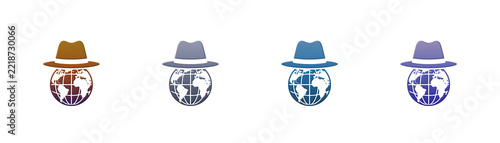 Globe with fedora hat icons set representing global travel and business