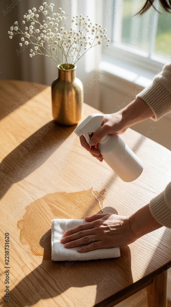 Fototapeta premium Woman cleans wooden table with spray bottle, white cloth. Person uses disinfectant liquid to wipe surface in bright sunny kitchen. Maintaining home hygiene, domestic cleanliness during daily