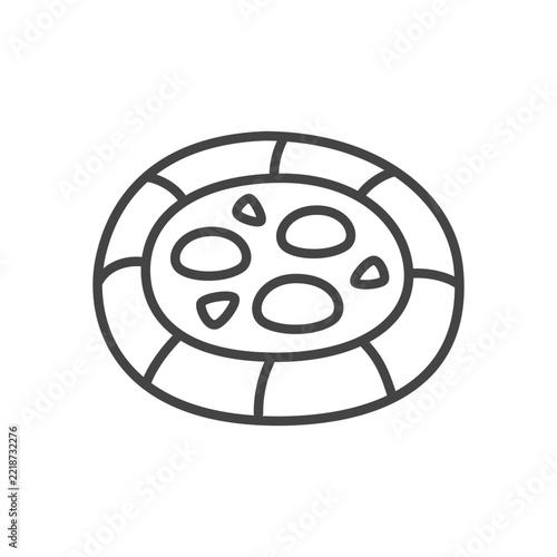 Cute pizza icon. Monochrome illustration of a pastry with a central filling and several small toppings, drawn in a kawaii style on white background. Vector 10 EPS.