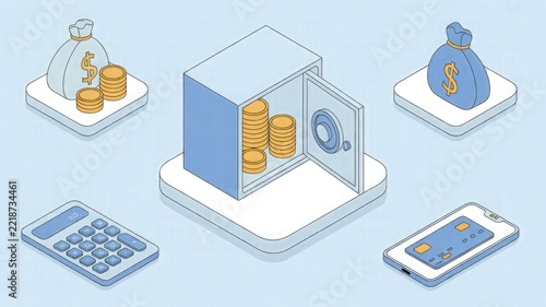 Safe box filled with golden coins is surrounded by money bags, a calculator, and a smartphone displaying a credit card in an isometric illustration representing financial security and wealth.