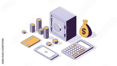 Metal safe box surrounded by stacks of coins, a credit card, a smartphone, a calculator, and a gold money bag with a dollar sign.