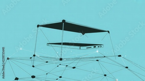 Smartphone concept floats within a complex network of interconnected nodes and lines on a solid turquoise background.