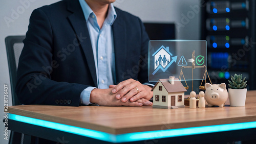 Family home mortgage and financial planning concept, businessman with house model, wooden couple figure, piggy bank and brass weighing instrument under hologram showing risk to approval