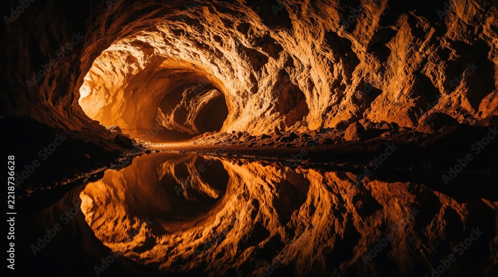 Fototapeta premium Inside dark underground lava tube with glowing amber light. Massive rock cave walls reflect in calm water pool. Deep orange cave interior shows natural stone texture, subterranean tunnel. Mysterious