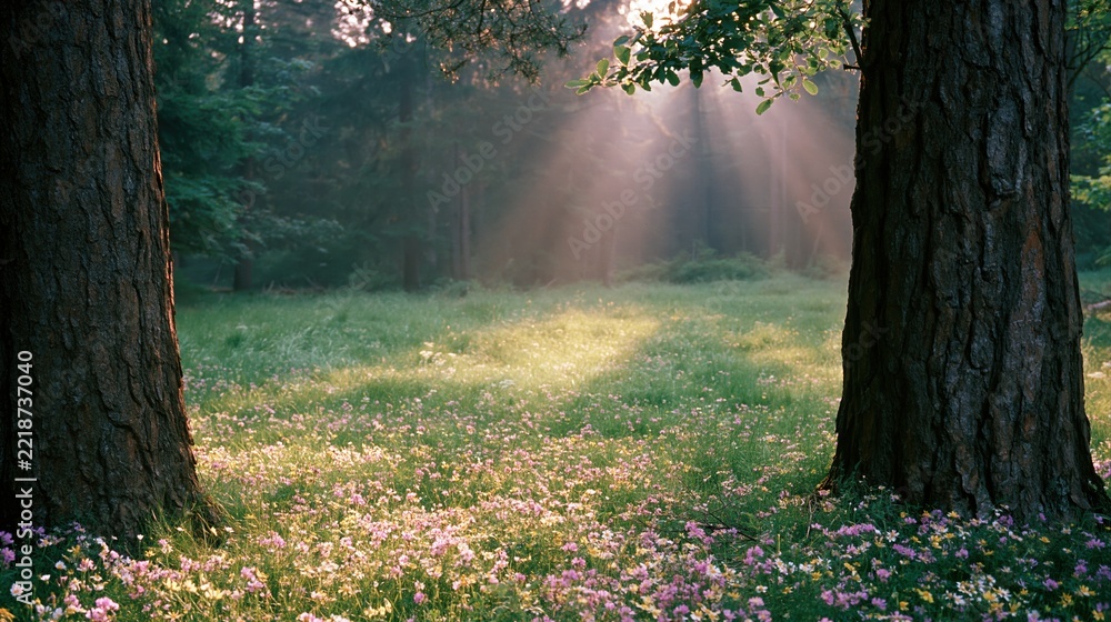 Naklejka premium The Sunlit Forest Meadow with Dappled Rays and Delicate Wildflowers