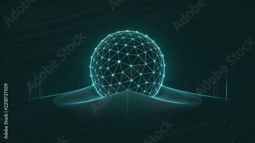 Digital wireframe sphere with interconnected network nodes rests on a glowing curved grid surface in a dark futuristic technology background.
