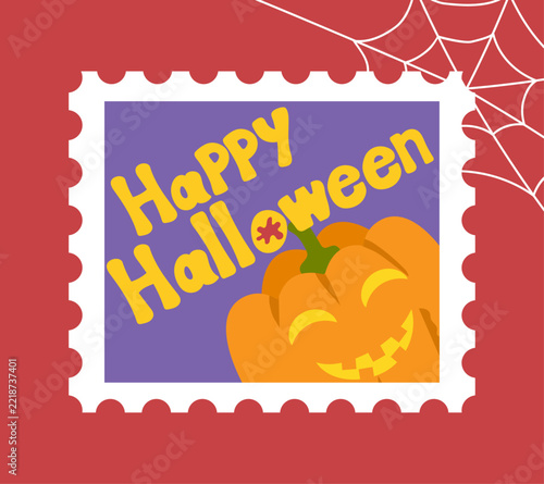 Cute Halloween stamp-style illustration – Jack-o'-lantern and 