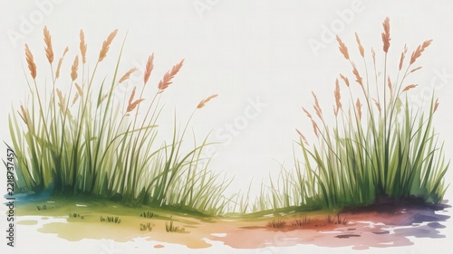 Green wild grass and wheat stalks painted in delicate watercolor artistic style positioned on a plain light background.