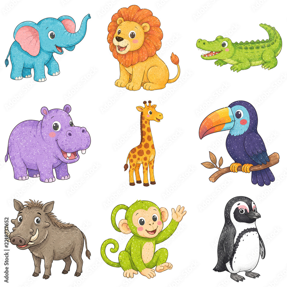Naklejka premium Cute colorful animal collection, smiling cartoon wildlife, long necks, tusks and beaks, soft painted fur, rounded characters, bright wildlife illustrations