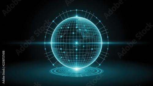 Digital glowing holographic globe displaying global communication networks and data connections on a dark background.