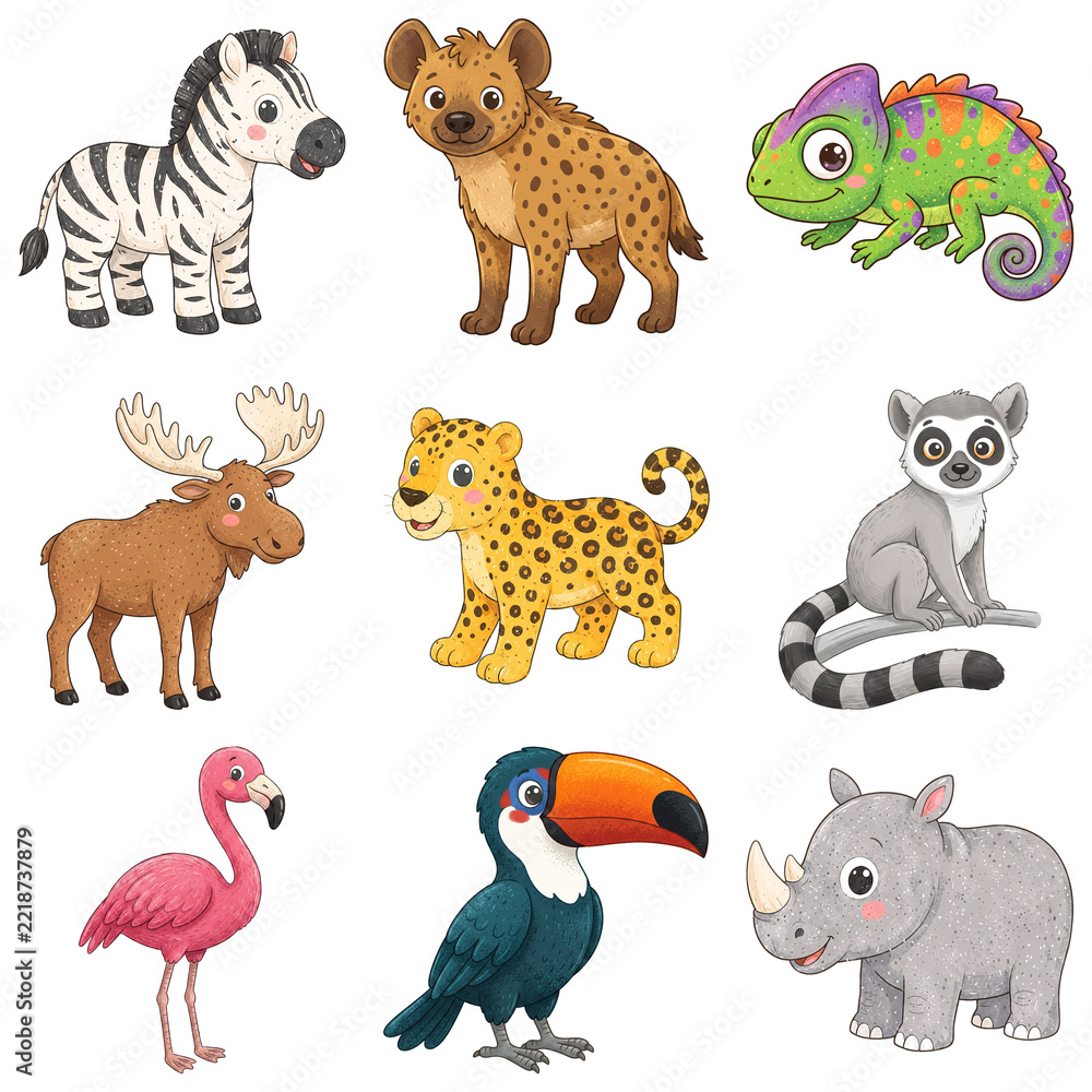 Naklejka premium Colorful cartoon animal clipart set, striped and spotted fur, antlers and horns, colorful feathers, long tails, painted wildlife characters