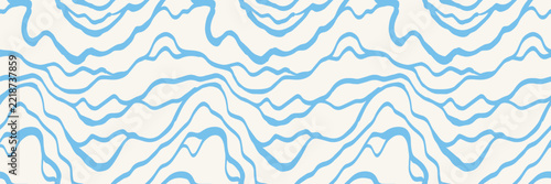 Abstract seamless pattern with blue wavy lines and  organic curves on a light background. Minimalist vector texture for swimwear, packaging, and textiles