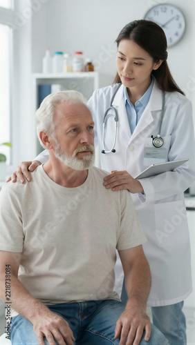 Female doctor comforting an elderly male patient in a modern office