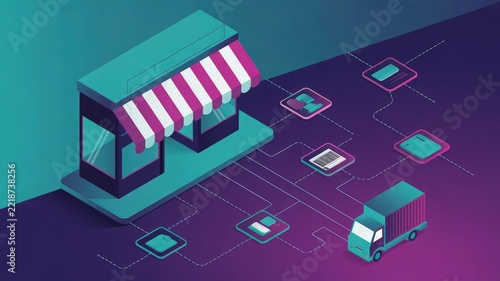 Storefront building connected via digital network lines to a delivery truck and logistics icons represents e-commerce operations.