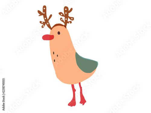 Cute peach cartoon bird with spotted reindeer antlers, red beak and green wing