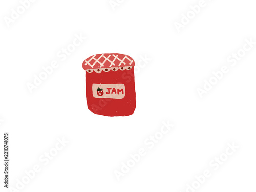 Red strawberry jam jar with pink checkered lid and cute hand drawn fruit label