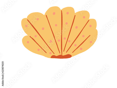 Yellow scallop seashell with orange radiating lines, pink dots and rounded fan shape